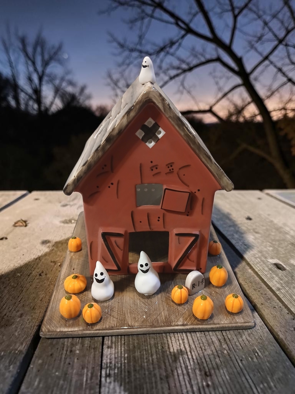 Halloween Ceramic Ghost House Luminary Decoration - Rust Orange